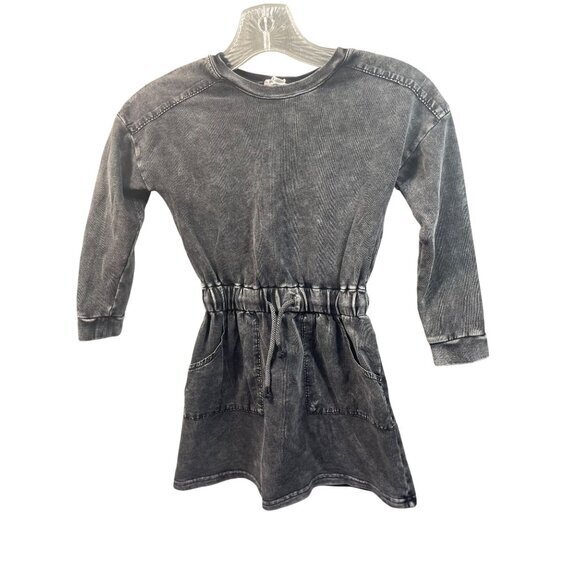 Vintage-Inspired Acid Wash Denim Dress With Long Sleeves & Pockets For Girls - Picture 1 of 11